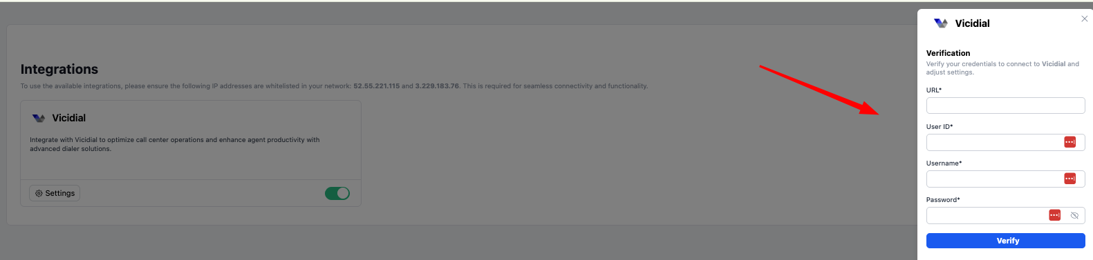 Vicidial verification panel with URL, User ID, Username, and Password fields