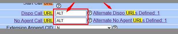 Vicidial campaign details with ALT entered in the Dispo Call URL and No Agent Call URL fields