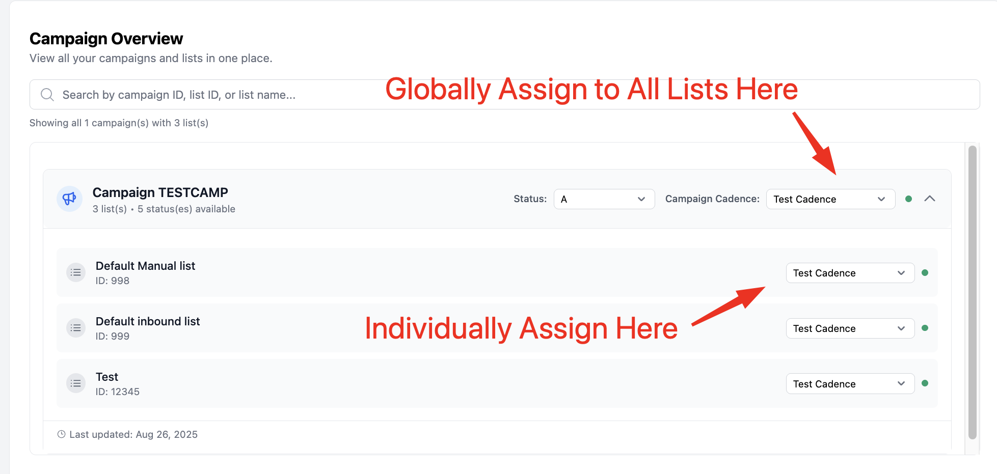 Expanded campaign showing a global cadence assignment and per-list cadence assignments