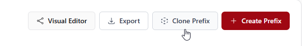 Page header actions: Visual Editor, Export, Clone Prefix, and Create Prefix