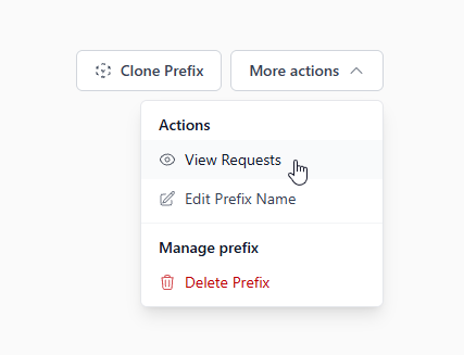 The same menu, with an arrow pointing to View Prefix Requests